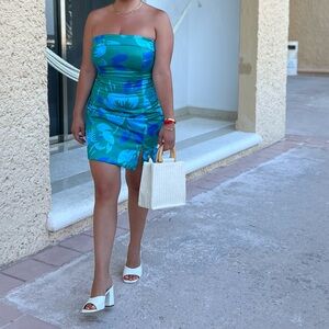 Elegant Strapless Teal Floral Dress